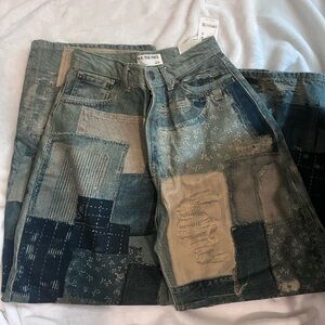 We The Free Relaxed Blue and Tan Jeans with Artistic Patchwork